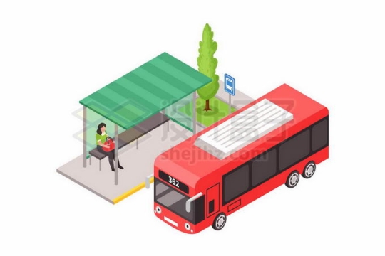 2.5D风格停靠在公交站台的红色公共汽车6980812矢量图片免抠素材
