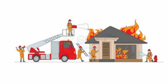 一队卡通消防员驾驶着消防车正在灭火拯救燃烧的房子4327188矢量图片免抠素材免费下载