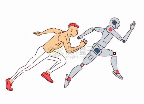 男人和机器人赛跑比赛手绘线条插画png图片素材