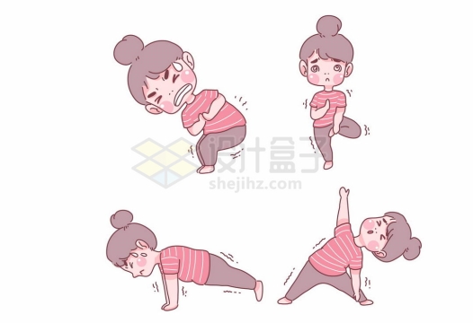 4款正在挥汗如雨健身锻炼身体瑜伽拉伸动作的卡通女孩手绘插画9543116矢量图片免抠素材