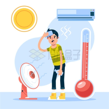 夏天热得受不了的卡通男孩开着电风扇和空调高温天气插画9122568矢量图片免抠素材