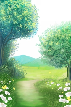 春天夏天翠绿色的大树小路草地花丛和远山田野草原风景4651561免抠图片素材