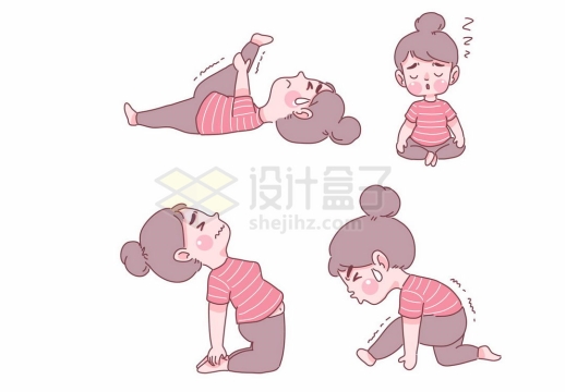 4款正在挥汗如雨健身锻炼身体瑜伽拉伸动作的卡通女孩手绘插画1161374矢量图片免抠素材