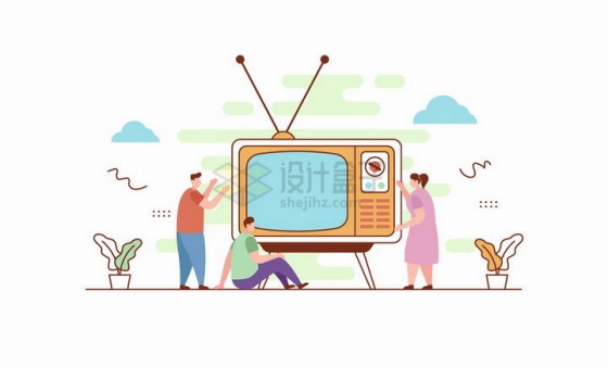 扁平插画风格坐在大大的电视机前看电视机的一家人png图片免抠矢量素材
