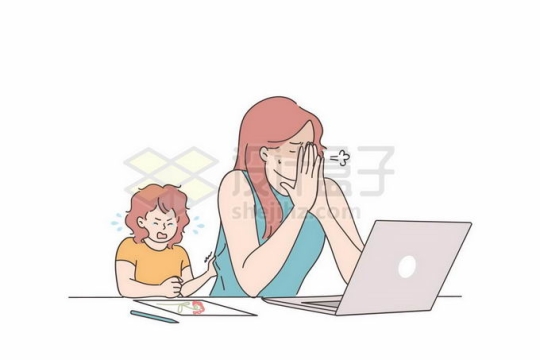 卡通妈妈正在使用笔记本电脑工作小孩子在旁边吵闹插画6957098矢量图片免抠素材