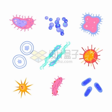 9款彩色卡通病毒细菌扁平插画png图片免抠矢量素材