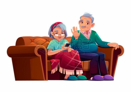 坐在沙发上打招呼的卡通老头老太太老年人5456789矢量图片免抠素材