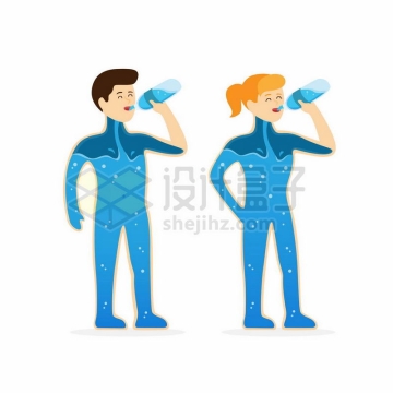 仰着脖子喝水的男人和女人身体由水组成插画9000249矢量图片免抠素材