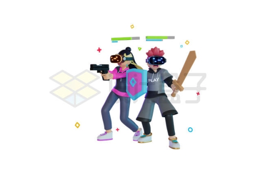 两个戴着VR眼镜玩VR游戏的卡通年轻人3D人物模型2965709PSD免抠图片素材