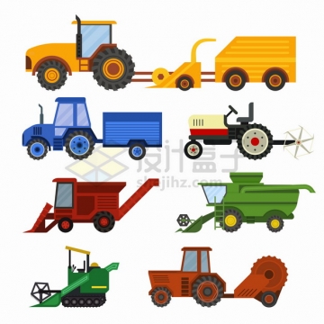 各种拖拉机收割机等农场机械扁平插画png图片素材