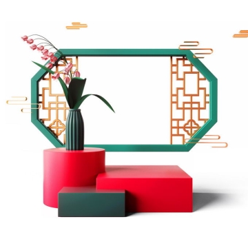 新年春节红色中国风3D展台和窗格装饰1145307免抠图片素材