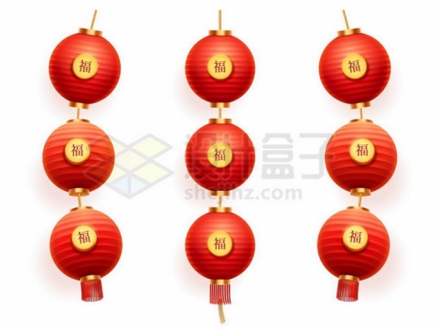 3串大红灯笼印有福字新年春节装饰3578411矢量图片免抠素材