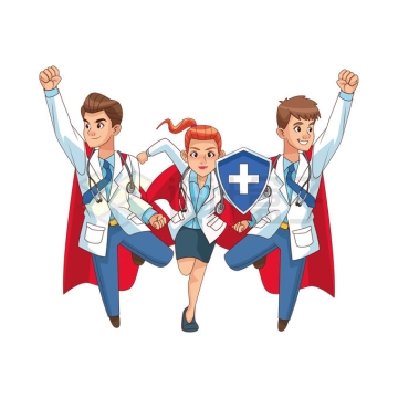 三个身穿超人披风的卡通医生勇敢的工作在防疫第一线5713611矢量图片免抠素材