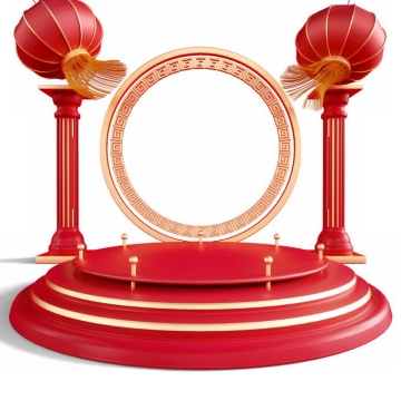 新年春节红色中国风3D展台大红灯笼柱子装饰6882881免抠图片素材