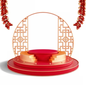 新年春节红色中国风3D展台鞭炮和窗格装饰1455426免抠图片素材