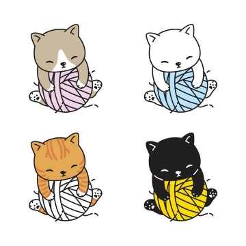 4款可爱卡通猫咪正在玩毛线球免抠图片素材