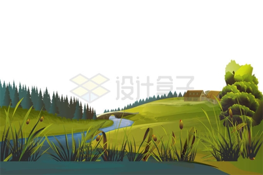 卡通小河小溪和两岸的森林与大草原风景图8500563矢量图片免抠素材