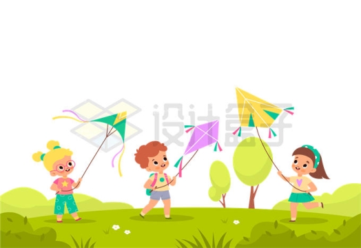 春天春游踏青卡通小朋友在草地上愉快的放风筝9499144矢量图片免抠素材