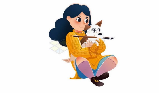 卡通女孩抱着狗狗咬着毛笔新年春节插画4401981矢量图片免抠素材