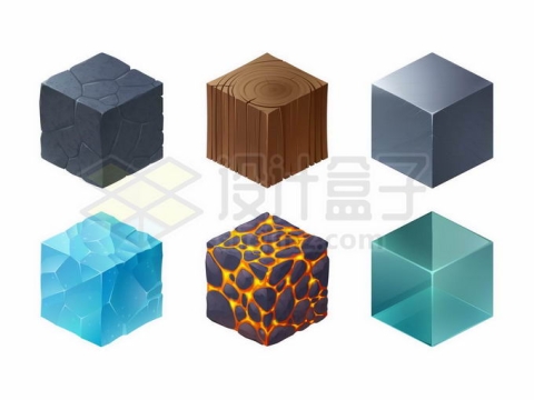 6款石块木块冰块铁块熔岩海水3D立方块立方体6119284矢量图片免抠素材免费下载