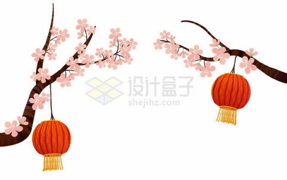 腊梅树枝上的大红灯笼新年春节插画7301311矢量图片免抠素材
