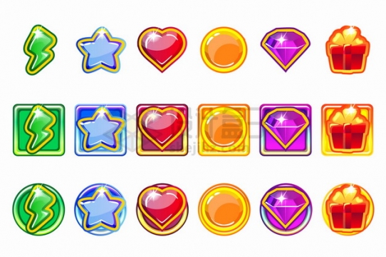6套闪电五角星心形圆形水晶钻石游戏宝石按钮png图片素材