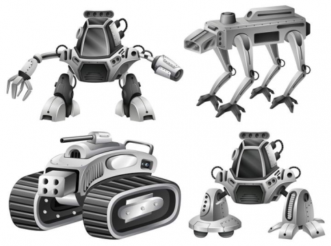 卡通风格金属银色的四款机器人免扣图片素材