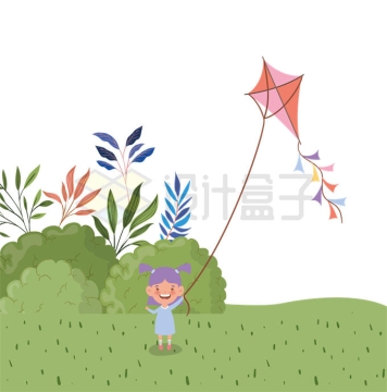春天春游踏青卡通小女孩在草地上愉快的放风筝8946339矢量图片免抠素材