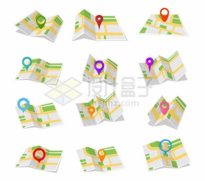 12款展开的地图和彩色定位标志旅游地图5927420矢量图片免抠素材免费下载