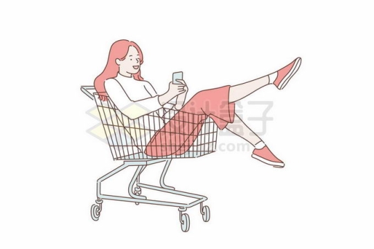 卡通女孩坐在超市购物车中玩耍插画2004611矢量图片免抠素材