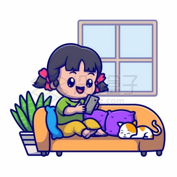 卡通女孩躺在沙发上玩手机旁边趴着猫咪2737137矢量图片免抠素材