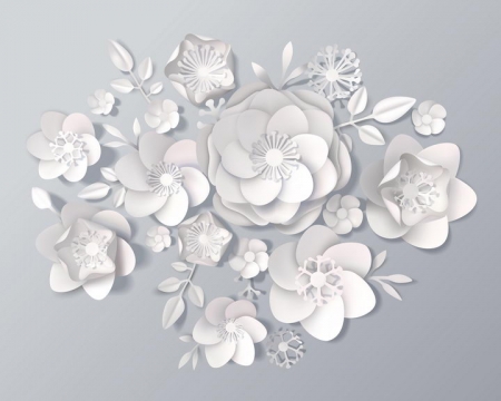 白色剪纸风格花朵和叶子立体装饰图片免抠矢量素材