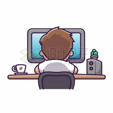 卡通男人坐在电脑面前工作背影5645409矢量图片免抠素材