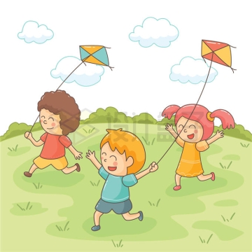 春天春游踏青三个卡通小朋友在草地上愉快的放风筝4566367矢量图片免抠素材