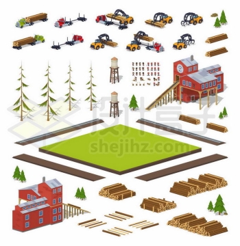 2.5D风格木材砍伐运输加工行业木材加工厂1599415矢量图片免抠素材免费下载