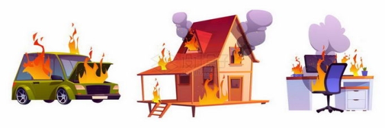 着火的汽车房子和办公桌象征了各种火灾事故3138516矢量图片免抠素材免费下载