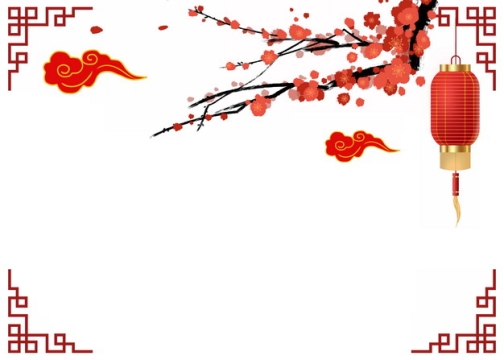 中国风红色窗格祥云梅花枝红灯笼等装饰693696PSD图片免抠素材