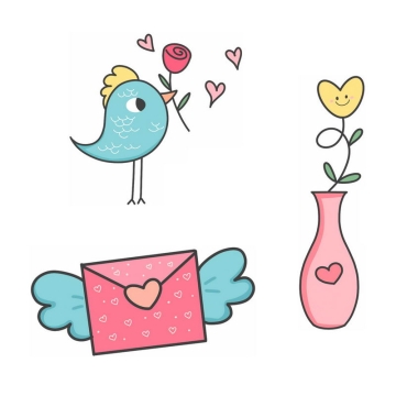 可爱的卡通小鸟信封和花瓶情人节手绘插画5957413图片免抠素材