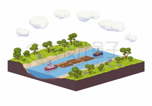 2.5D风格河流河道中的木材水运浮木拖船内河运输业1821627矢量图片免抠素材免费下载