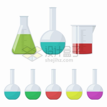 各种扁平插画风格的烧瓶烧杯锥形瓶等化学实验仪器png图片免抠矢量素材