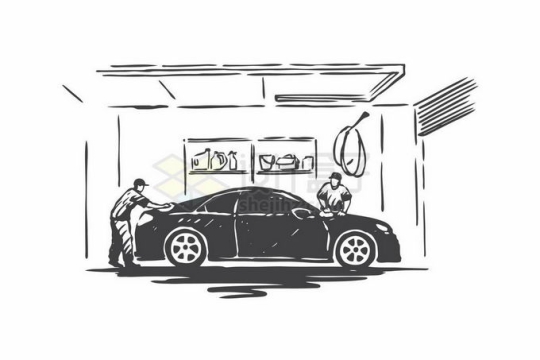 手绘涂鸦风格汽车美容店正在装饰汽车1815343矢量图片免抠素材
