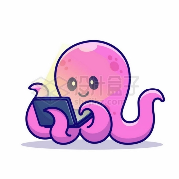 卡通粉色章鱼正在玩笔记本电脑3596075矢量图片免抠素材