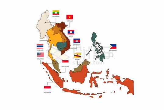 彩色色块东南亚地图带各国国旗1306410矢量图片免抠素材