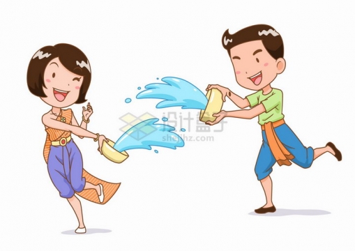 泼水节相互玩耍的卡通傣族姑娘小伙少数民族png图片免抠矢量素材