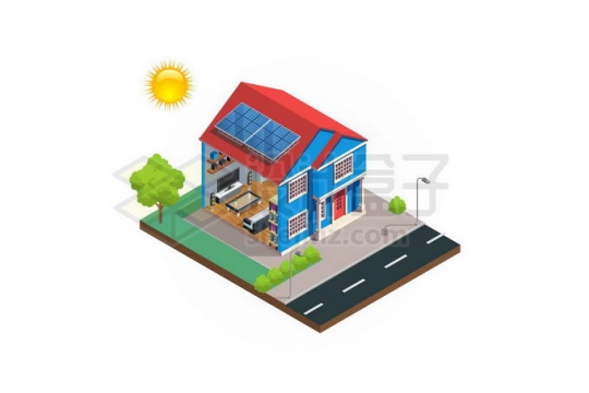 2.5D风格屋顶铺盖太阳能电池板的小别墅5910033矢量图片免抠素材