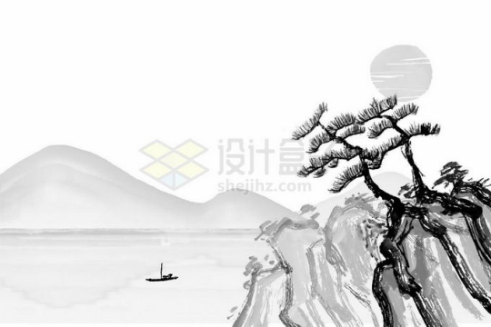 灰色的太阳和远处的高山大山小船和近处的山石中国水墨画风格插画9524219矢量图片免抠素材免费下载