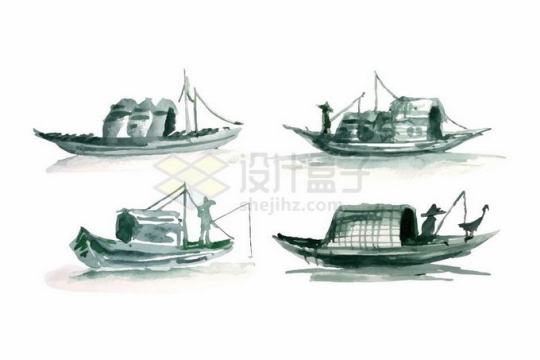 4款传统小船水墨画风格扁舟孤舟8985623矢量图片免抠素材