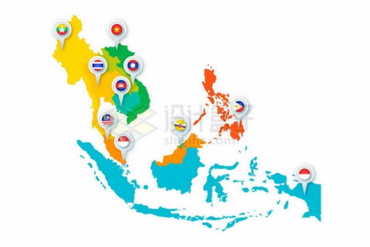 彩色色块东南亚地图带各国国旗按钮4484045矢量图片免抠素材