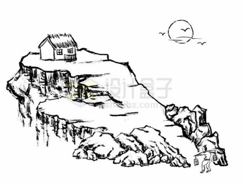 山崖上的草屋和挑水的农民毛笔画中国水墨画风格插画5505915矢量图片免抠素材免费下载