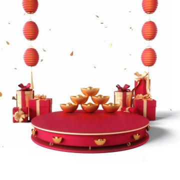 新年春节红色中国风3D圆形展台金元宝礼物和红灯笼装饰2261863免抠图片素材